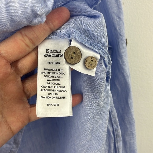 Sigrid Olsen Blue 100% Linen Popover Roll Tab Sleeves Beachy Coastal Top Size M - Picture 13 of 13